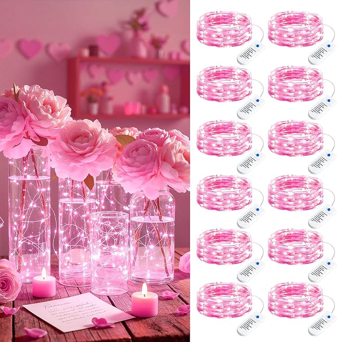 Minetom 12 Pack Pink Christmas Lights, 7ft 20 LED Fairy Lights Battery Operated, Valentines Day Decorations, 8 Modes Waterproof Silver Wire Twinkle Lights, Valentine's Day Lights