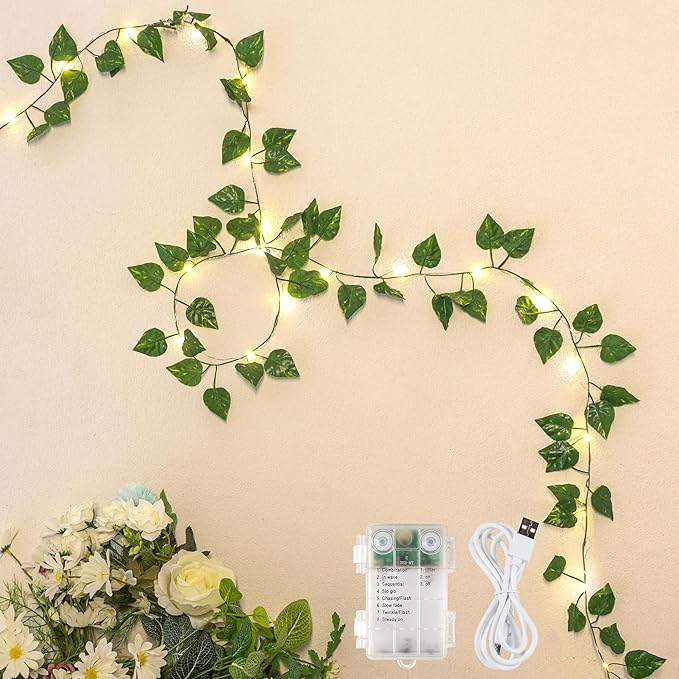 YOUNGAR Pothos Vines with Fairy Lights,Leaf String Warm White Lights Battery/USB Operated,23FT 73LED Fake for Bedroom Wall Room Wedding Birthday Garden Party Wall Room Decor