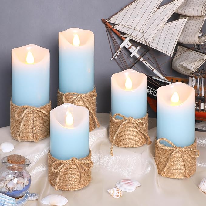 Crystal Club Blue Flameless Candles, Set of 5 Battery Operated LED Pillar Candles with Timer, Real Wax Candle Set with Remote for Home Bedroom Décor