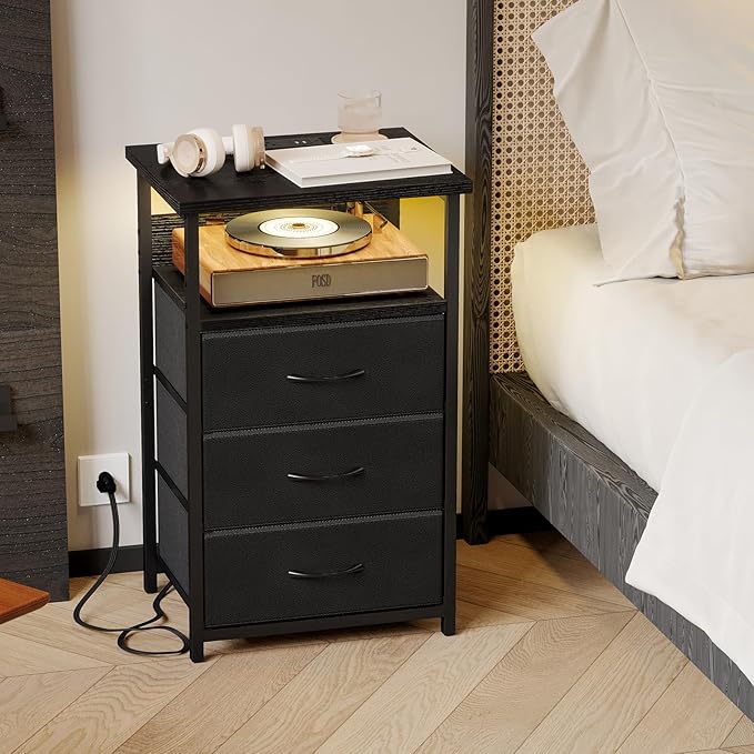Fixwal Night Stand with 3 Fabric Storage Drawers, LED Nightstand with Charging Station, Bedside Table, Black
