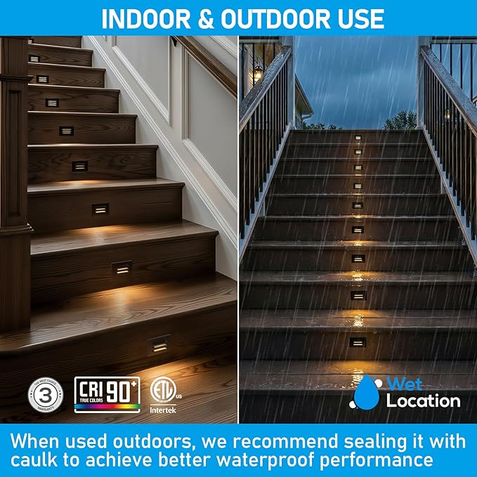 LEONLITE 5CCT 120V LED Step Lights, 3.5W Dimmable Horizontal Louvered Stair Lights Indoor Outdoor, Wet Location, CRI90, ETL, 2700K/3000K/3500K/4000K/5000K, Aluminum, Black, Pack of 3