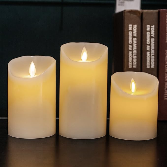 Flameless Candles Battery Operated Pillar Real Wax Electric LED Flickering Candle Sets with Remote Control Cycling 24 Hours Timer, 4" 5" 6" Pack of 3 (Ivory)