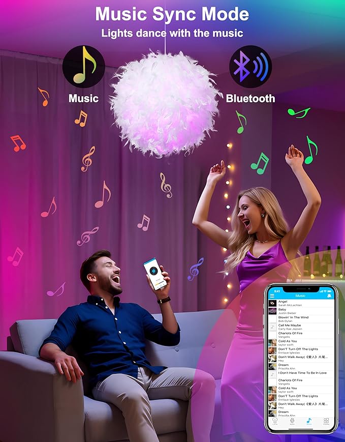 Feather Lamp Shade with Smart RGB Light Bulb, Built-in Bluetooth Speaker, Remote & APP Control, Fluffy Girl Room Decor, 600 Lumens, 19.7inches, White