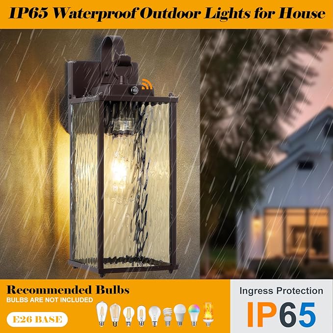 Dusk to Dawn Outdoor Light Fixtures Oil Rubbed Bronze 2-Pack, Water Ripple Glass Vintage Brown Exterior Lantern Lights with Photocell Sensor IP65 Waterproof Coach Carriage Lights, E26