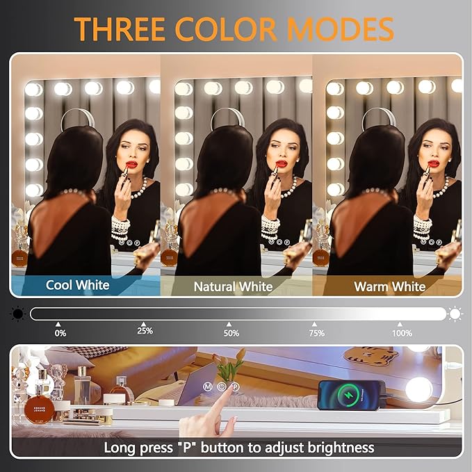 Hasipu Vanity Mirror with Lights, 32" x 24" Hollywood Mirror, Makeup Mirror with 17 Dimmable Bulbs and 10X Magnification, 3 Colors Modes, Touch Control, USB Charging Port, Type-C (Round White)