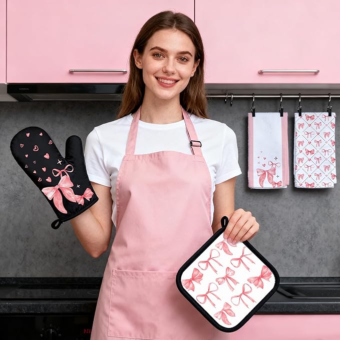 8 Pcs Cute Pink Bow Kitchen Towels and Dishcloths Sets Oven Mitts Pot Holders Set Valentines Day Absorbent Decor Accessories Gloves Potholders Heat Resistant for Chef Baking Cooking Home Gifts