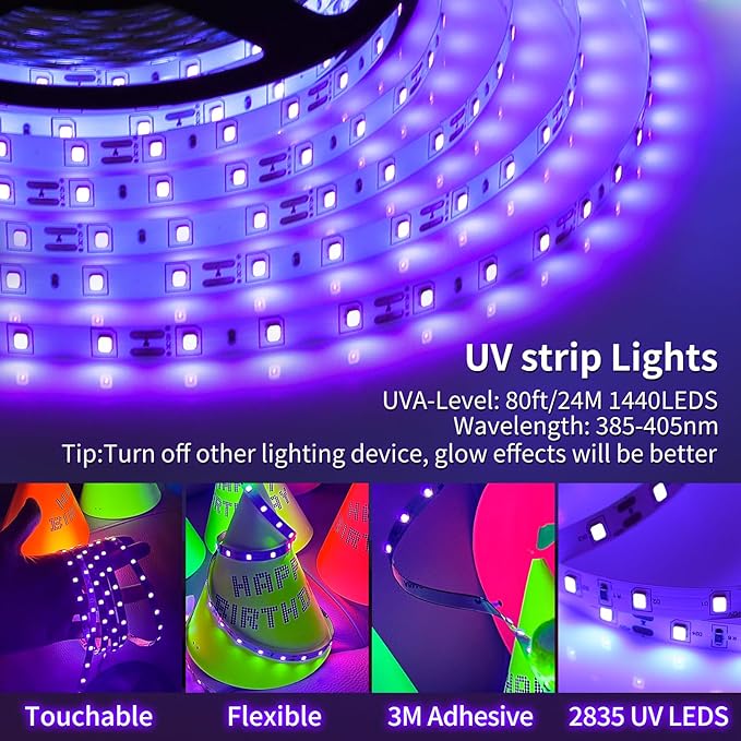 Black Light Strip, 79ft/24M Flexible LED Black Light with kit, 1440 Lamp Beads, 12V LED Light, Halloween Christmas Decoration, Non-Waterproof for Fluorescent Dance, Birthday, Glow Party