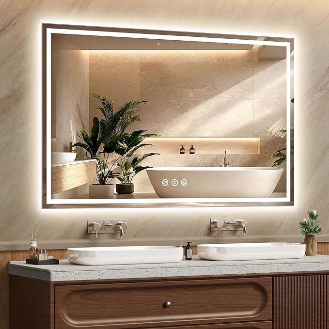 55x36 Inch LED Lighted Bathroom Mirror - Anti-Fog Vanity Mirror with Dimmable Front & Backlit, 3 Color Temp, Smart Memory - Shatterproof HD Glass, IP54 Waterproof Wall Mounted for Makeup Shaving