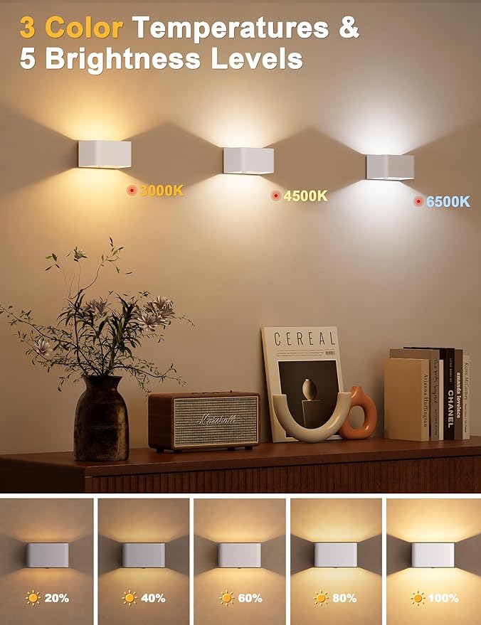 NIORSUN Motion Sensor Wall Light, 5000mAh Battery Operated Wall Sconce with Remote, 3CCT Dimmable Rechargeable Wall Lights,Wireless Sconces for Living Room Bedroom Hallway