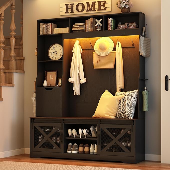 75''H LED Farmhouse Hall Tree with Bench and Shoe,Entryway Bench with Coat Rack,16 Shoe Cubbies & Umbrella Holder and Sock Storage Drawer,Mudroom/Hallway Storages Cabinet(Black)
