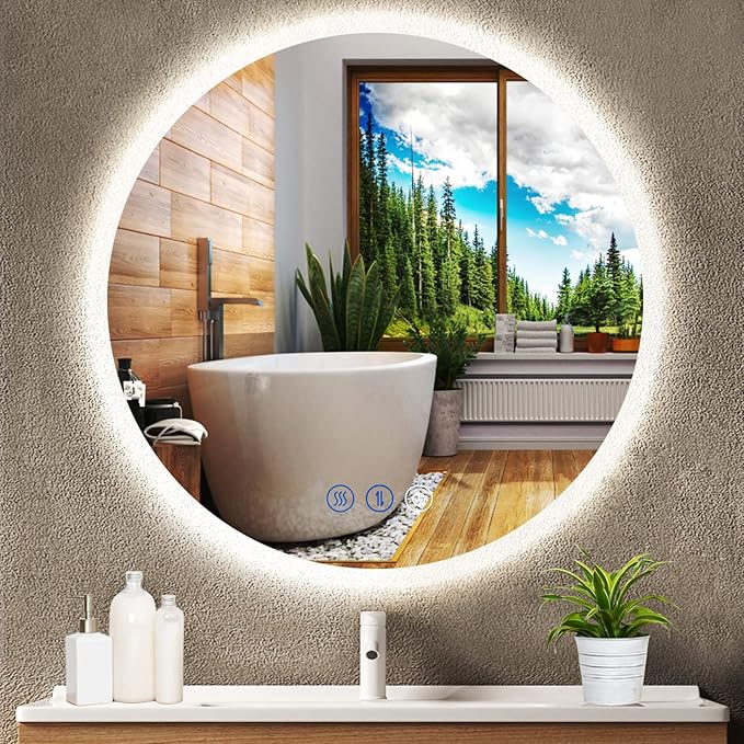 20 Inch Backlit Round Bathroom Mirror with Lights Antifog Smart Memery 3 Color Dimmable Backlit Frameless Round Lighted Vanity Mirror for Bathroom Wall LED Circle Mirrors with Backlits