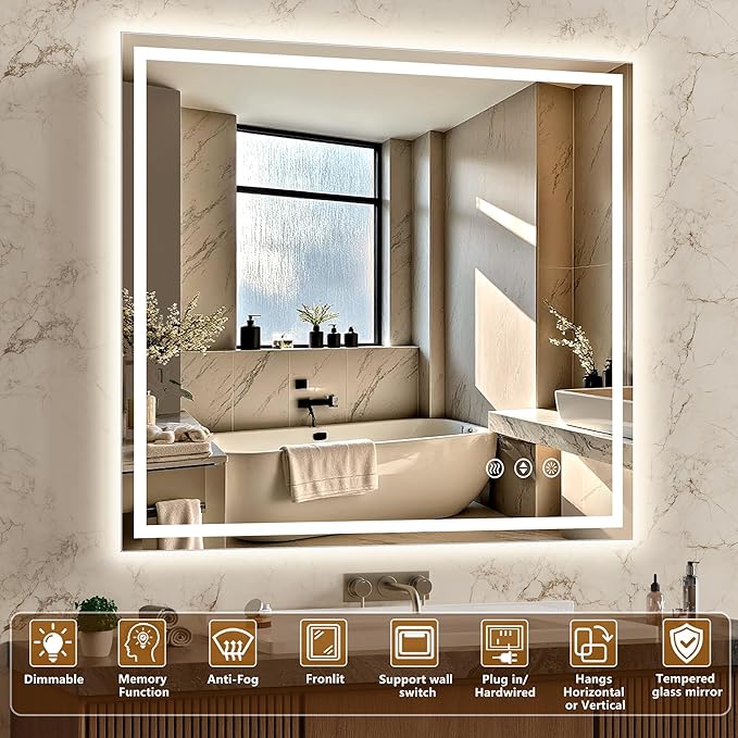 40x36 Inch LED Lighted Bathroom Mirror - Anti-Fog Vanity Mirror with Dimmable Front & Backlit, 3 Color Temp, Smart Memory - Shatterproof HD Glass, IP54 Waterproof Wall Mounted for Makeup Shaving