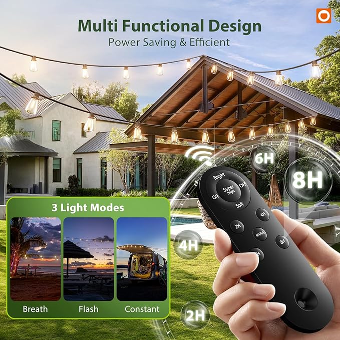 addlon 198FT(192+6) Solar String Lights Outdoor Waterproof, 60+4 LED Bulbs, Shatterproof Patio Lights with Remote, Dimmable & Timing, Hanging Lights for Garden Backyard Party Wedding Camping Decor