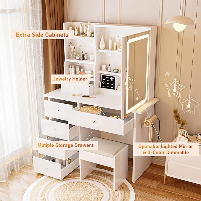 DYHOME Makeup Vanity Desk with LED Lights Mirror 3 Adjustable Modes and Power Outlets, Vanity Table with 6 Drawers Dresser and Bench, Makeup Desk for Bedroom Dressing Room, White