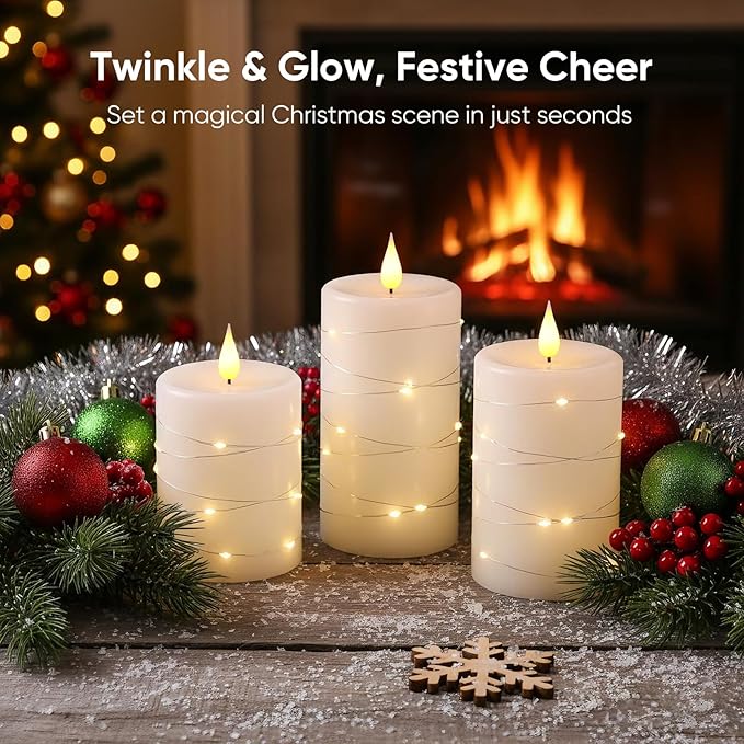 Amagic 3"×6" Flameless Candles with String Lights, White 11-Key Remote & Timer Battery Operated Flickering Led Pillar Candles Real Wax for Home, Lantern, Halloween and Christmas Decor, Set of 2