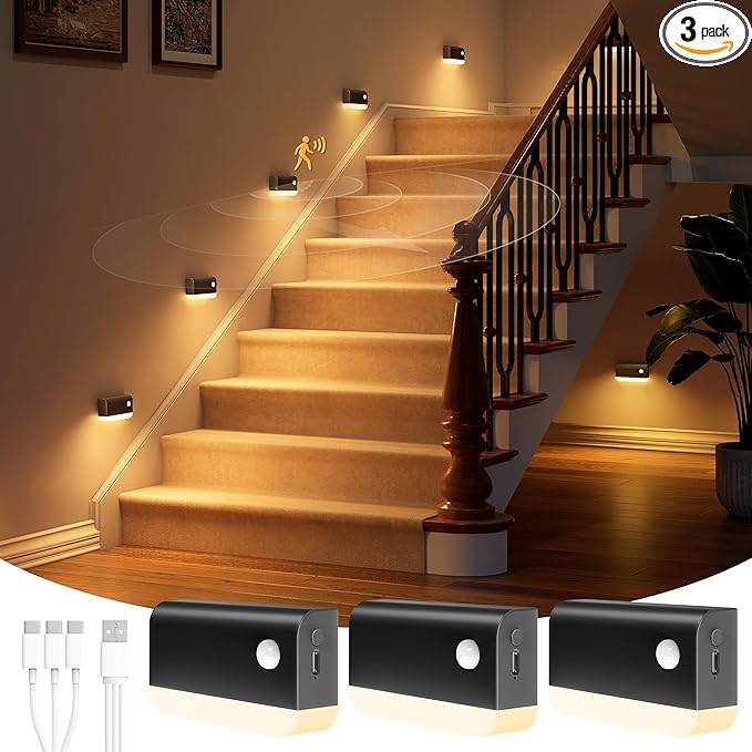 NIORSUN Motion Sensor Stair Lights Indoor, 3 Pack Rechargeable Wireless Step Lights with 3 Color Temperatures, 1200mAh Battery, Magnetic Base for Hallway, Closet, Bathroom, Black