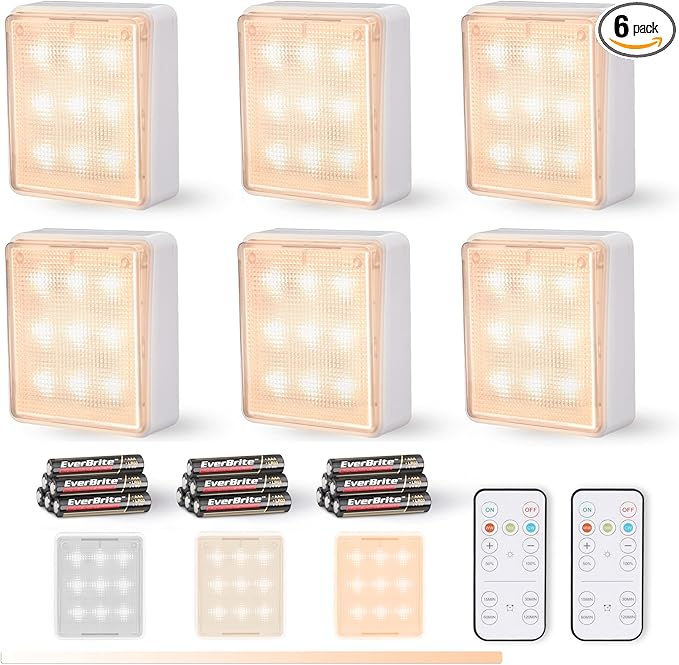 EverBrite Closet Light, LED Tap Lights Push Lights with Remote Control, Battery Powered Stick On Lights for Kitchen, Cabinet, Under Counter, Bedroom (6PCS)