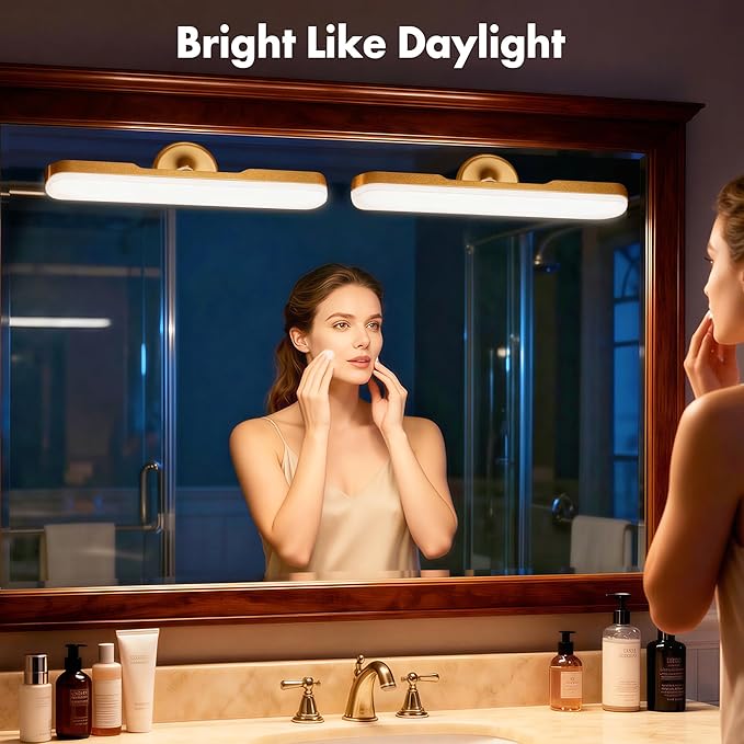 Set of 2 Wireless Vanity Makeup Lights for Mirror, Rechargeable LED Stick On Light Bar for Bathroom Mirror with Dimmable 3 CCT, Long Battery Life Cordless Light for Vanity Desk(Gold)
