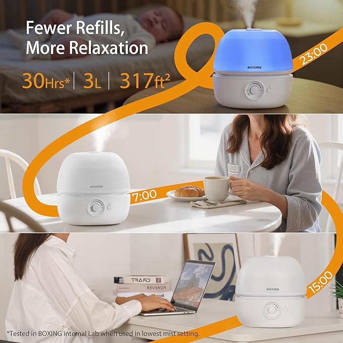 BOXING 3L Cool Mist Humidifier, Ultra Quiet 20dB for Bedroom, Baby & Office, Top Fill Air Humidifier for Home Office & Indoor Plants, 30H Runtime, Essential Oil Tray, Night Light, BPA-Free, White