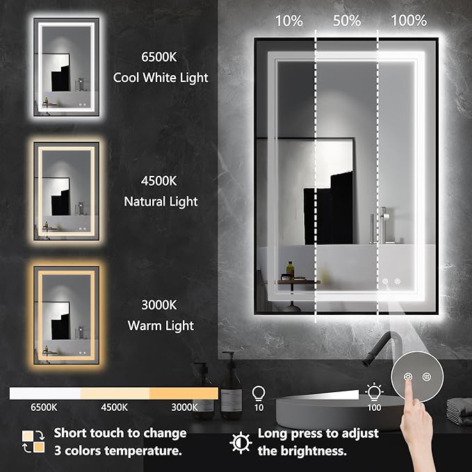 LED Bathroom Mirror with Front and Backlit 24"x36", Black Frame, Wall Mounted, Dual LED Strips, Fogless, Dimmable, 3 Color Changing, Shatterproof, Horizontal/Vertical
