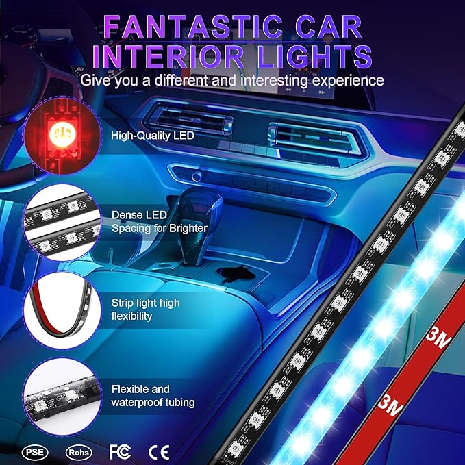LivTee Smart Car Interior Lights, RGB LED Accent Lights with App Control, DIY Mode, Music Mode, 2-Line Design, Car Accessories for Women