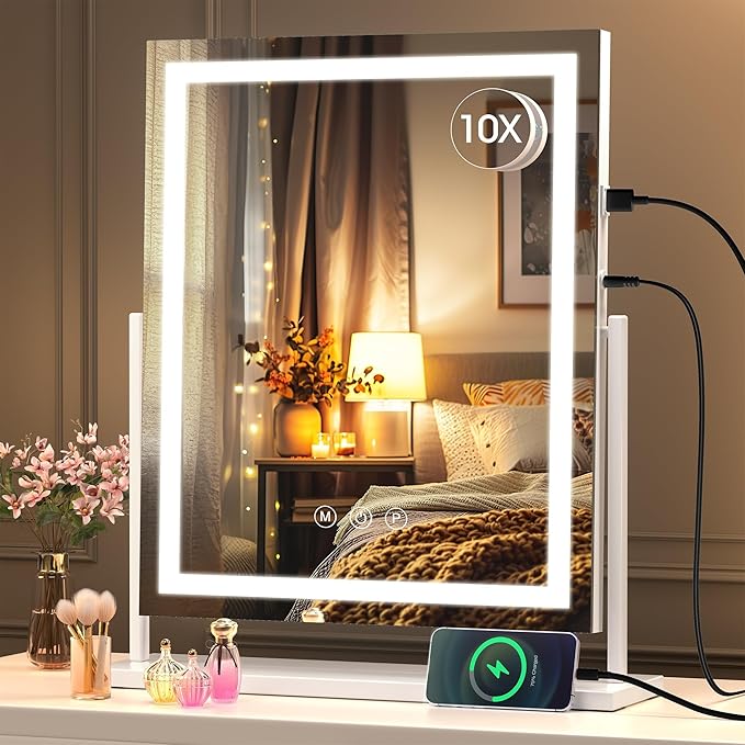 Hasipu Vanity Mirror with Lights, 35 x 45cm LED Tabletop Makeup Mirror for Desk, LSmart Touch 3 Color Modes and Brightness Adjustment, 10X Magnifying Glass,360° Rotation, White