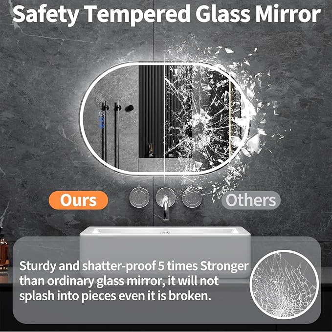 Oval LED Bathroom Mirror, 24"x 40" Frameless LED Mirror with Front Light and Backlit, Anti-Fog, Dimmable Modern Wall Mounted Lighted Mirror，Pill-Shaped Smart Mirror Bathroom
