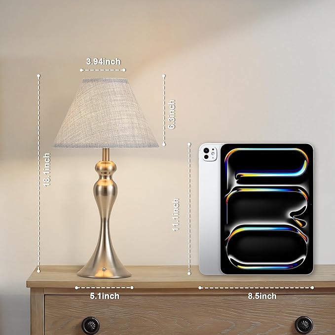 Rechargeable Cordless Table Lamps, Battery Operated Lamp with Fabric Shade for Decor, 3 Color Stepless Dimming LED Table Light, Nightstand Lamp for Nursery, Bedroom, Living Room, Home Office (Nickel)