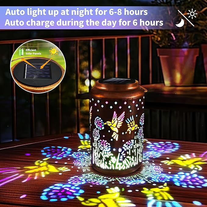 ODEETRONIC Solar Hummingbird Lantern with Colorful Projection - Hummingbird Birthday Gifts for Women Mom Grandma, Multicolor Hanging Lights Outdoor Waterproof, Solar Lantern Lights for Garden Patio