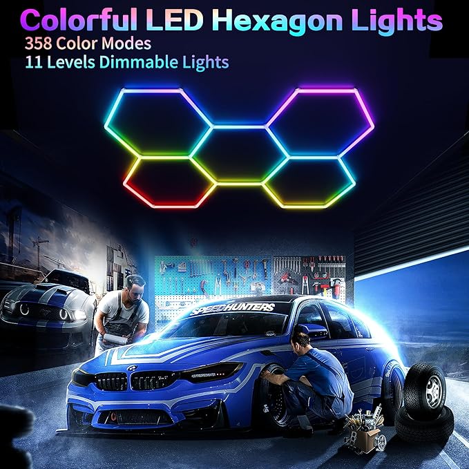 RGB Hexagon Garage Lights 240W - 356 Colors Mode w/Music Sync, 24 Pack Bright LED Honeycomb Panels for Garage, Barber, Home Theater, Game Room & Man Cave