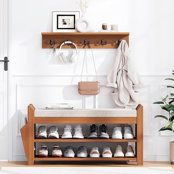 31.5" Shoe Bench with Coat Rack Hidden Drawer and Side Holder, 2 Tier Entryway Bench with Storage 39.4 in, Bamboo Shoe Rack with Cushion for Entryway Hallway Living Room Bedroom