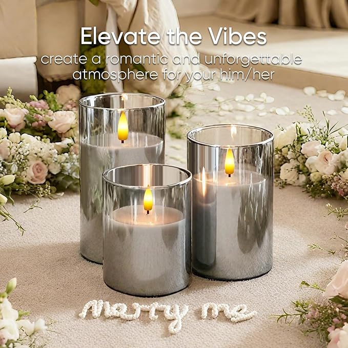 5plots Flameless Battery Operated Candles Set of 3, Gray LED Candles with Remote Timer, Real Wax Glass Pillar Candles Warm Flickering Light for Indoor Home, Halloween, Christmas Decor D3 x H4 5" 6"