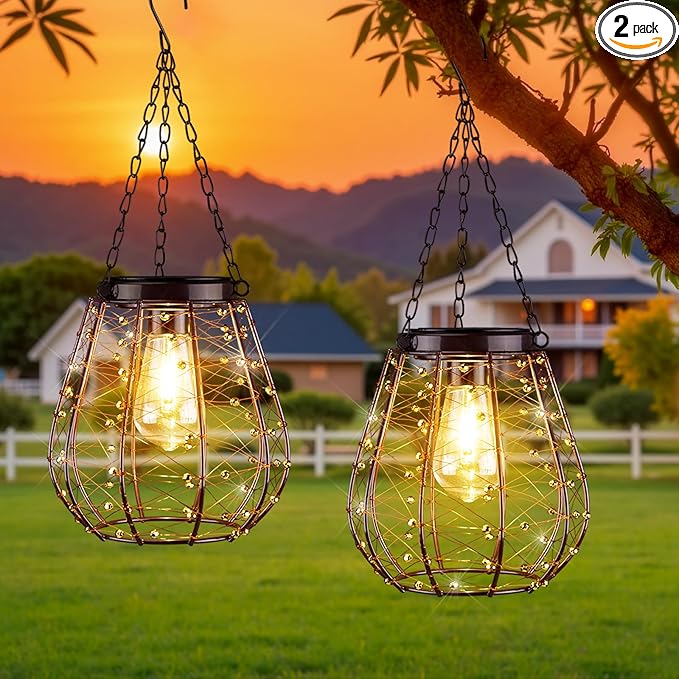 Hanging Solar Lantern Lights, Solar Chandelier Outdoor Waterproof Vintage Copper Outdoor Hanging Lights for Outside Gazebo, Pergola, Porch, Yard, Garden, Pathway, Decor, 2 Pack- ALL FORTUNE