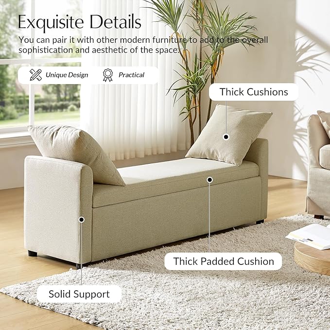59.5" Modern Storage Ottoman Bedroom Bench, End of Bed Bench with Arms and Throw Pillows, Footrest Stool for Living, Dining Room, Entryway and Hallway, Beige