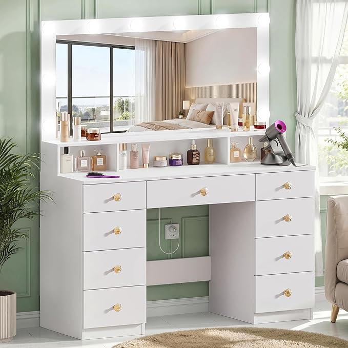 White Vanity Desk with Large Lighted Mirror, Makeup Vanity Desk with Power Outlet, 9 Drawers & Storage Shelf, Women Girls Vanity Dressing Table for Bedroom Bathroom