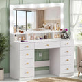 White Vanity Desk with Large Lighted Mirror, Makeup Vanity Desk with Power Outlet, 9 Drawers & Storage Shelf, Women Girls Vanity Dressing Table for Bedroom Bathroom