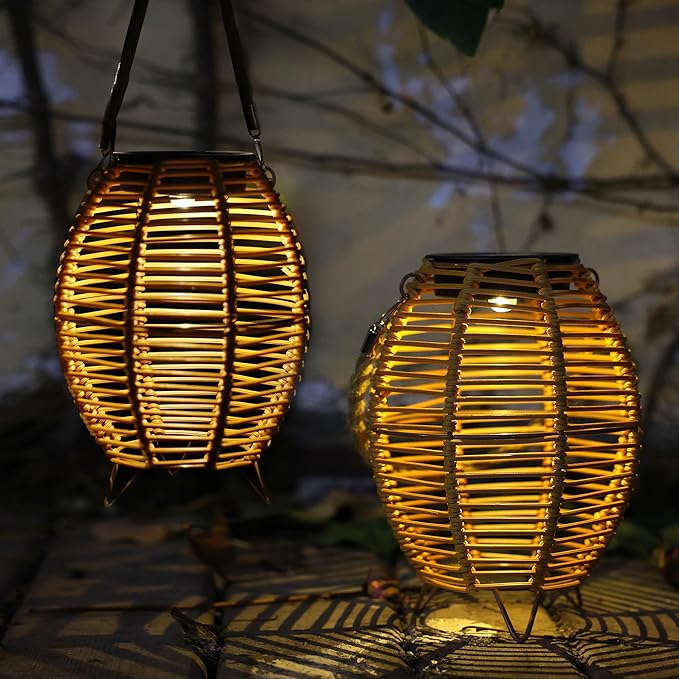 Outdoor Rattan Lanterns, Decorative Hanging Lights for Patio Garden Backyard （Two Pack）(Style 3)