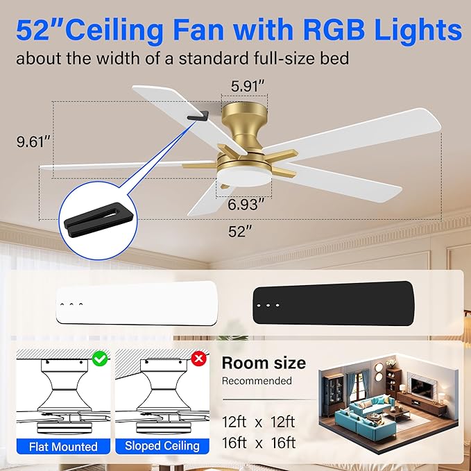 52 Inch Ceiling Fans with lights,RGB Low Profile Ceiling Fan with Light and Remote Control,Modern Flush Mount Ceiling Fans for Bedroom,Patio,Porch,Outdoor Indoor Use,in Black White and Gold,Quiet