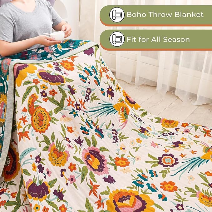 Boho Throw Blanket for Home Decor,Ultra Soft Throw Rustic Classic Quilt,100% Cotton Muslin Blankets for Adults, Reversible Woven Decorative Blanket for Bed Layering Use,Bid & Floral, 50"x60"