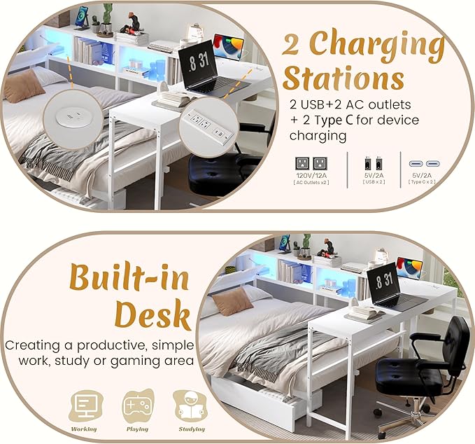 Twin Corner Bed Frame with Desk, LED Lights & Charging Ports, L-Shaped Daybed with Storage Drawers, Bookcase & Open Shelves, Modern Twin Size Daybed for Kids, Teens & Compact Bedrooms,White