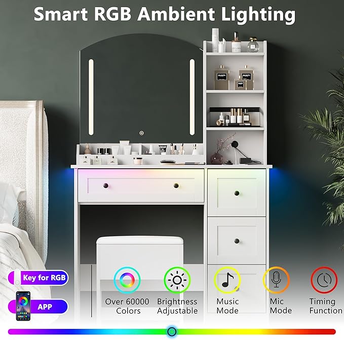 Vanity Desk with Mirror and Lights & Power Outlet, Makeup Vanity Set with Chair & RGB Ambient Light, Girls Vanity Dressing Table with 3 Lighting Modes & Adjustable Brightness for Bedroom, White