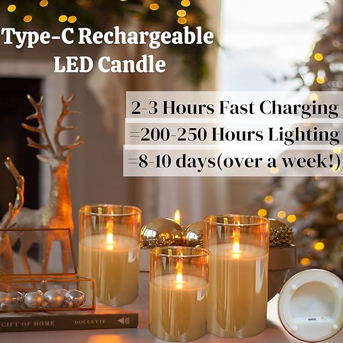 200 Hours Rechargeable Flickering Flameless Candles, Rechargeable Battery LED Glass Pillar Candle with Remote and Timer, Real Wax Warm Color for Home Living Room Decor, Ideal Gift for Women