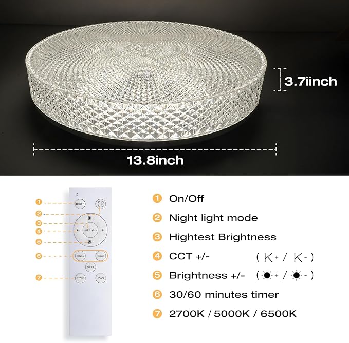OOWOLF Flush Mount LED Ceiling Light Fixture, 2700K-6500K Super Bright 36W 3600LM 13.78 Inch Dimmable Warm/White Light Kitchen Light Modern Ceiling Lamp for Bedroom Bathroom, Chandeliers with Remote