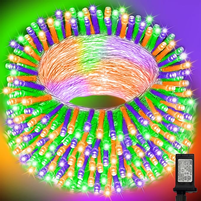 LAMPHOME 99ft Halloween Lights, 300 LED Transparent Wire Fairy Starry String Light Plug in, 16Lighting Modes for Indoor Outdoor Xmas Tree Wedding Party Decoration (Orange Purple Green)