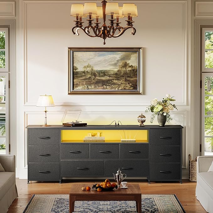 Huuger Large TV Stand for 65, 70 Inch TV, 11 Drawer Long Dresser with Power Outlets and LED Lights, Entertainment Center with Storage, Black Dresser with PU Leather Surface, 13" D x 63" W x 26.8" H