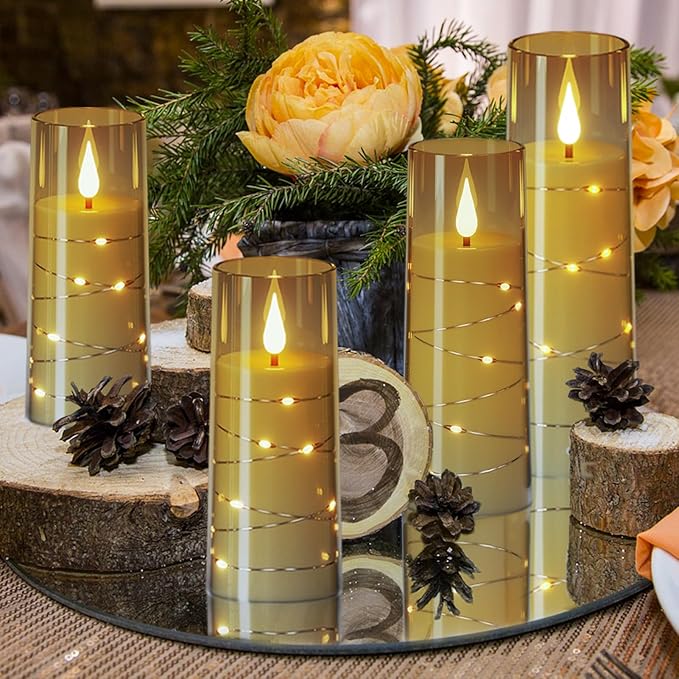 Wondise Flameless Flickering Candles with Embedded Star String Remote and Timer Battery Operated Flickering LED Candles Durable Acrylic Shell Pillar Candles for Christamas Home Decoration (7pack