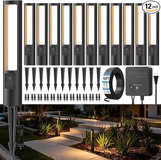 All-in-One Low Voltage Landscape Lighting Kit, 12-Pack Pathway Lights with Transformer Dusk to Dawn Outdoor Lighting 5CCT, IP66 Waterproof Landscape Lights with Connectors 100FT Wire for Patio