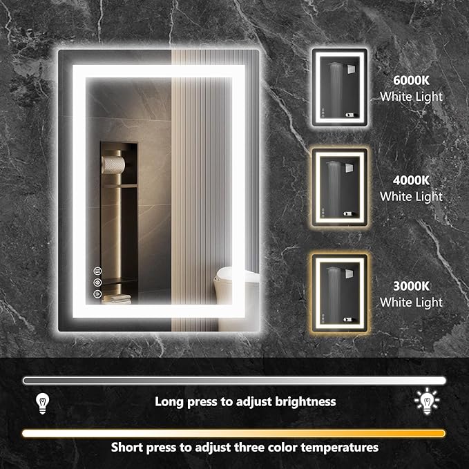 Sweetcrispy 28"x 20" Rectangle LED Bathroom Mirror with Front Light and Backlit, Smart Memory Functionr - Enhanced Anti-Fog Feature, Pure White