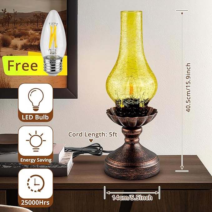 Touch Control Vintage Table Lamp | 3-Way Dimmable Rustic Retro Farmhouse Bedside Lamp with Amber Glass Shade and LED Bulb for Bedroom, Living Room, Cabin, Office