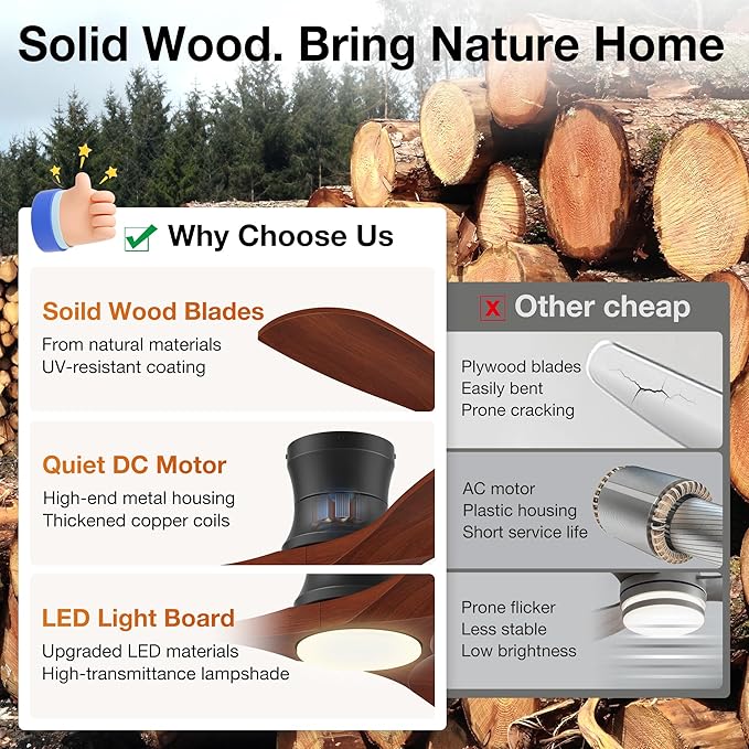 52” Smart Wood Flush Mount Ceiling Fans with Lights Remote,Quiet DC Motor,Outdoor Indoor Low Profile Ceiling Fan,Voice WIFI Alexa App Control,Dimmable,6-speed,for Modern Bedroom Patio